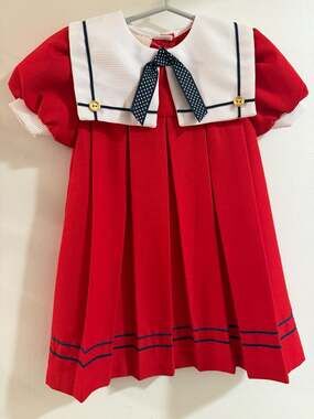 Vintage Little Precious Red Sailor Dress with White Collar and Navy Polka Dot Bo